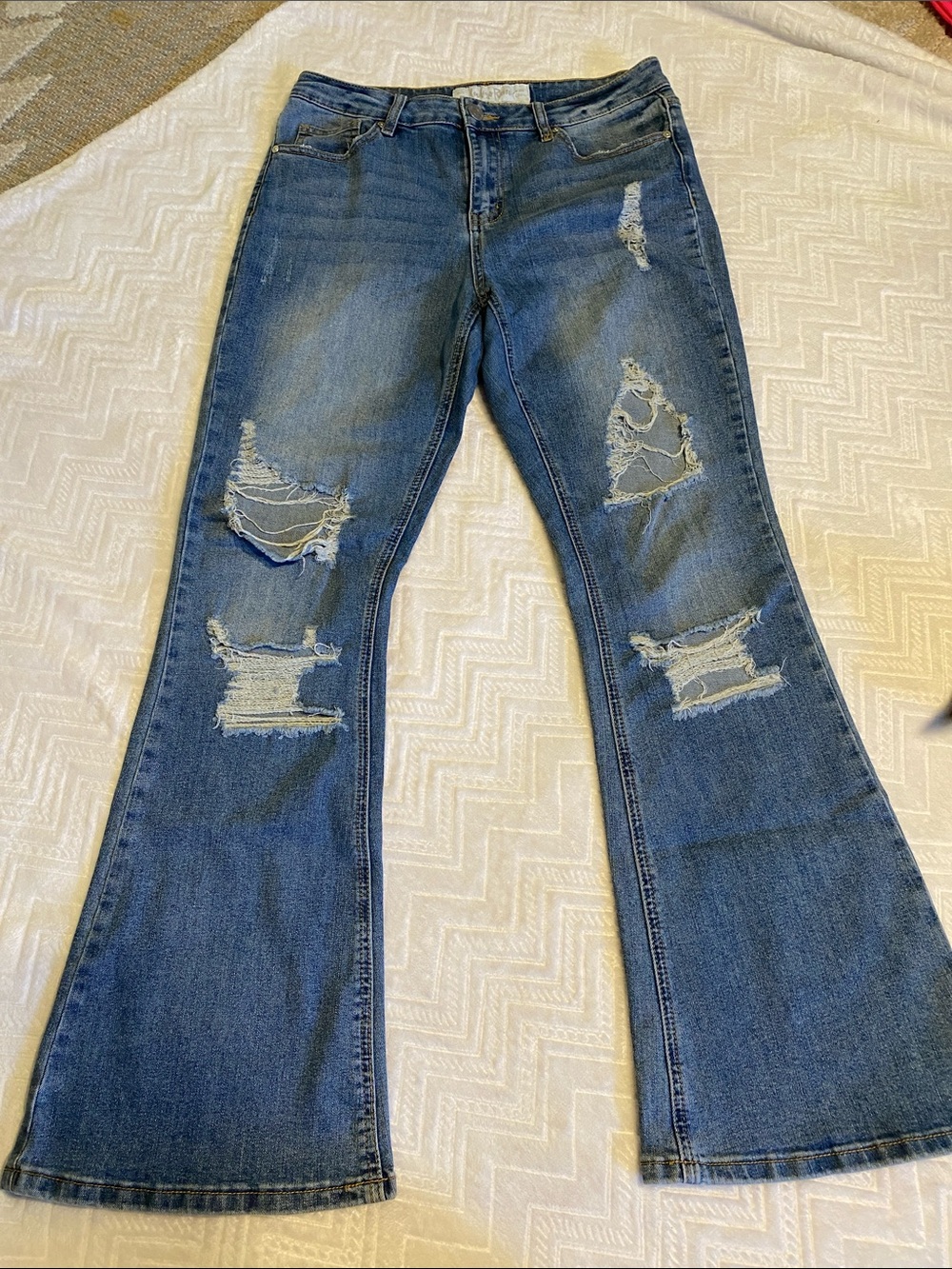 Indigo Rein distressed flare jeans